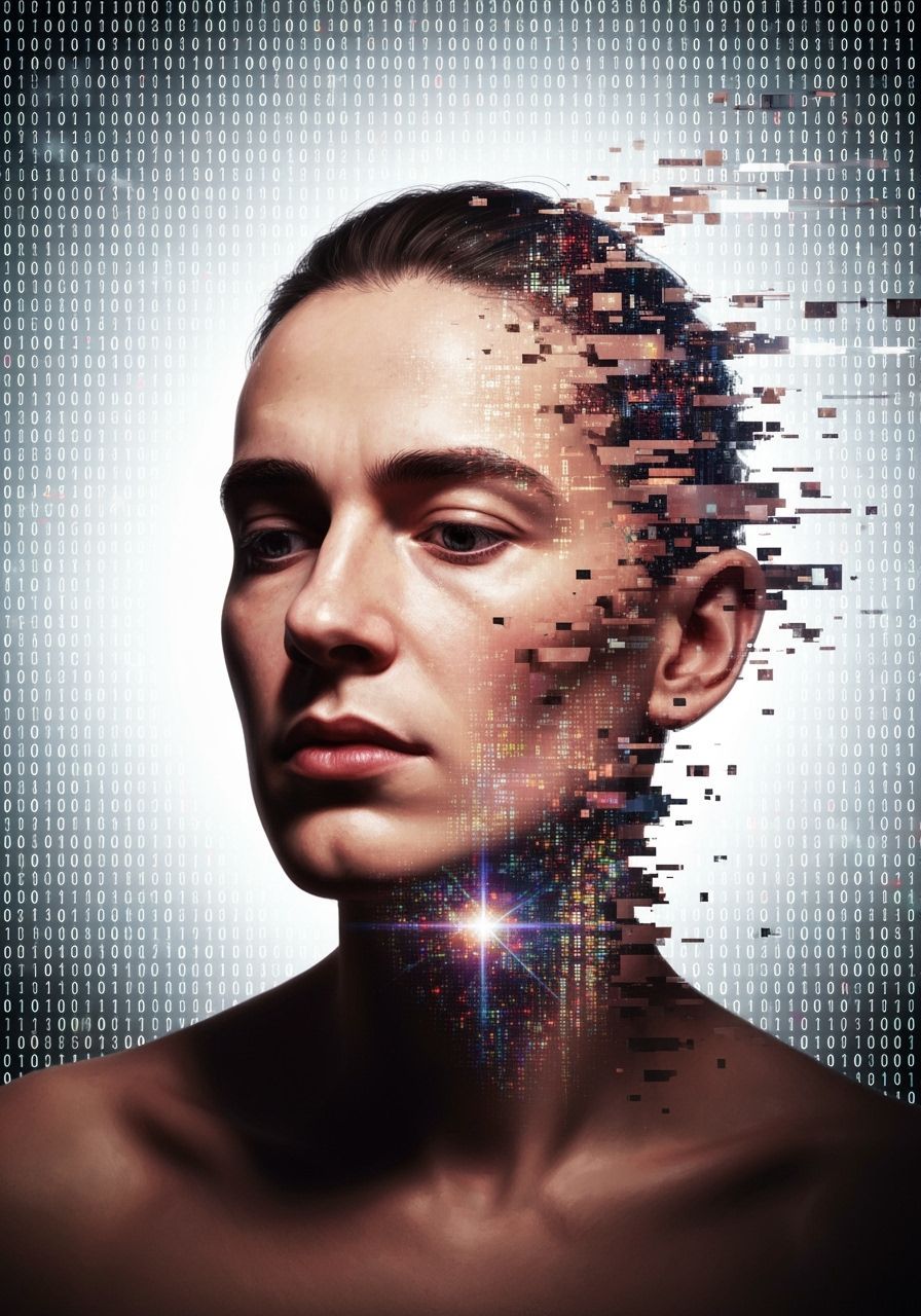Surrealist Self-Portrait Dissolving into Digital Code