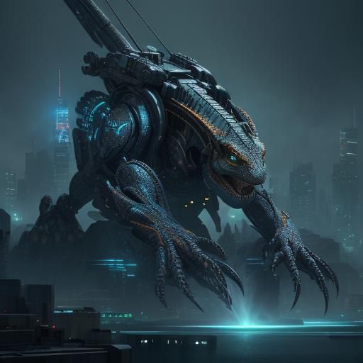 Futuristic Mech Water Dragon in Cyberpunk Cityscape