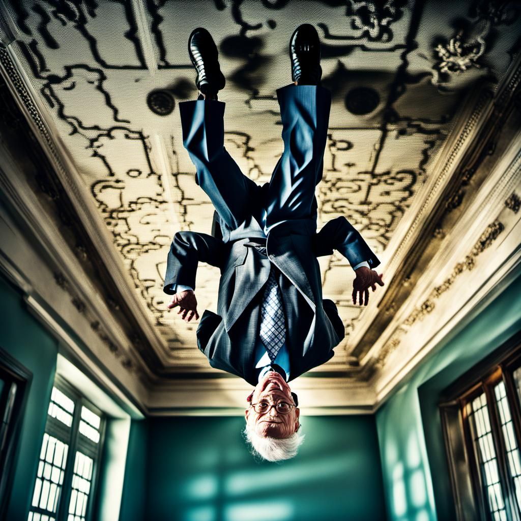 Hyperrealistic Professor Walks Upside Down on Ceiling