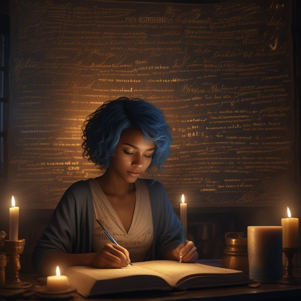 Ethereal Brown Woman Writes with Golden Words