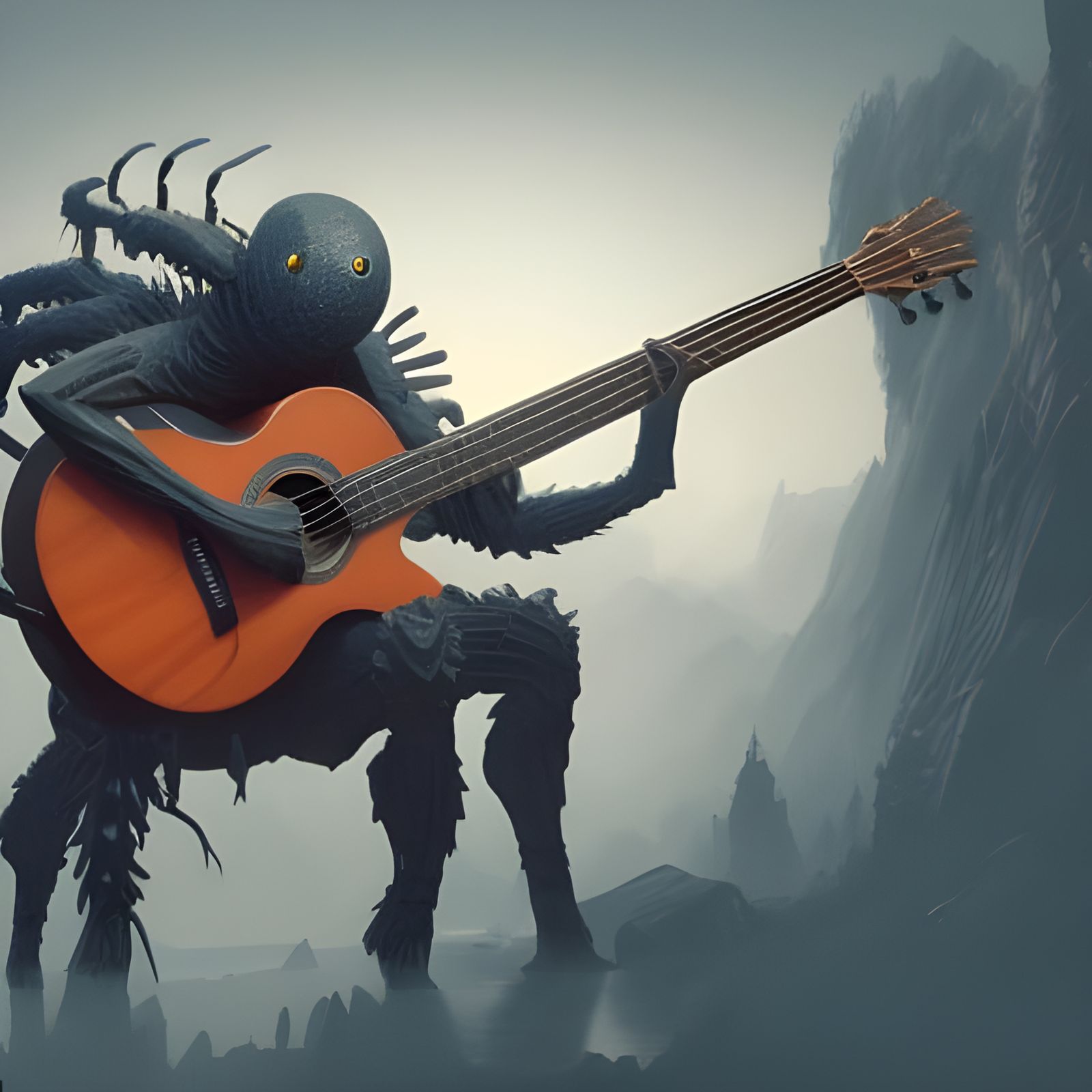 Giant Spider Plays Bass Guitar: Hyperdetailed Concept Art