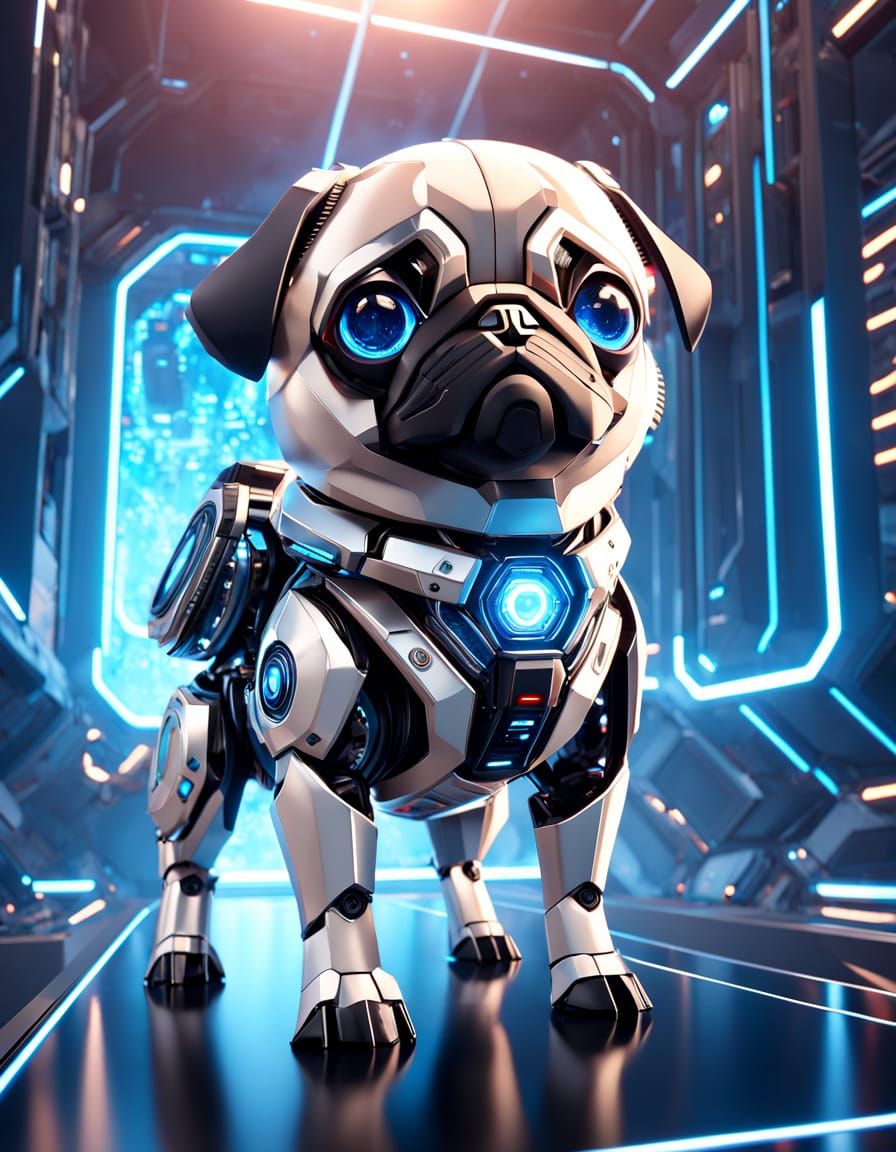 Cute Robot Pug in Futuristic Anime Style