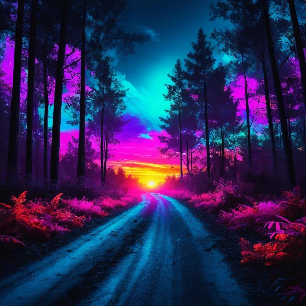 Surreal Sunset in a Vibrant Magical Forest