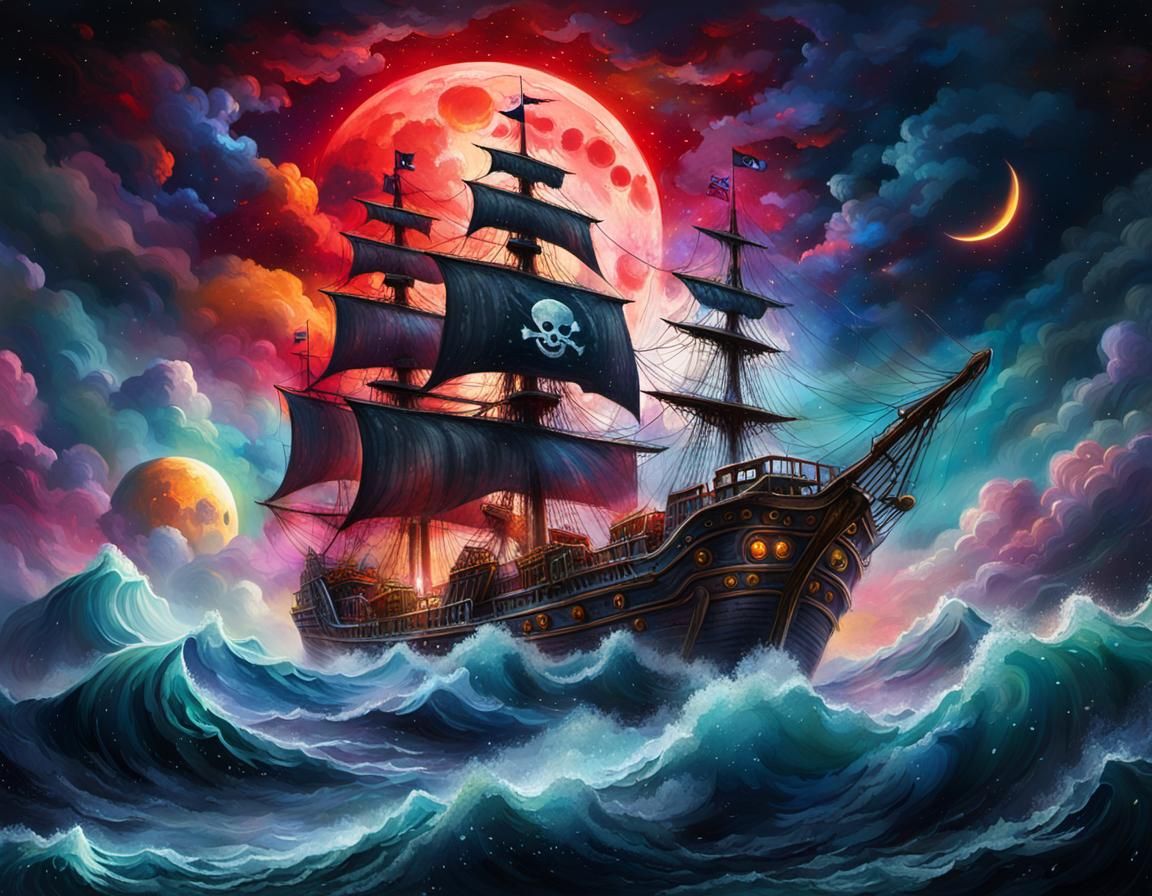 Pirate Ship Sails Under Nebula Moon, Astral Illustration