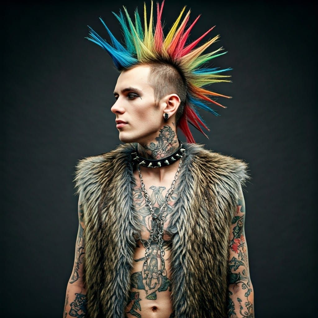 Punk Man with Colorful Spiked Hair and Tattoos