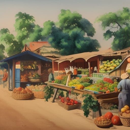 Bustling Farm Stall in Impressionist Gouache Style