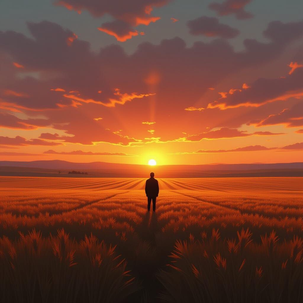 Golden Hour Field: Vintage Futurism at Sunset