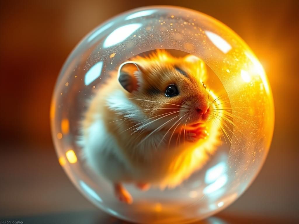 Cute fuzzy fat Hamster running fast inside a translucent bal...