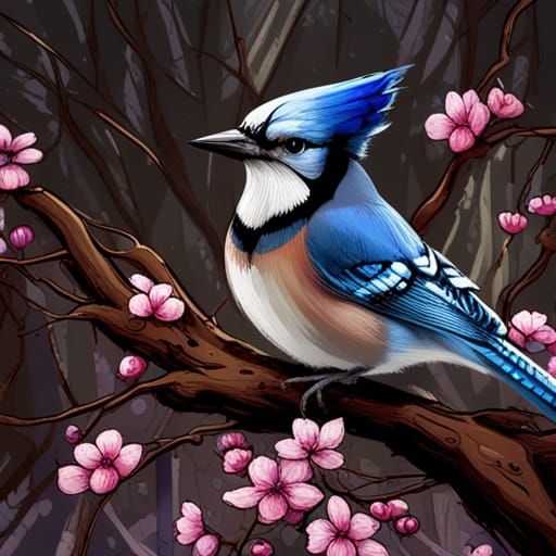 Blue Jay in Floral Tree, Polychromatic Digital Art