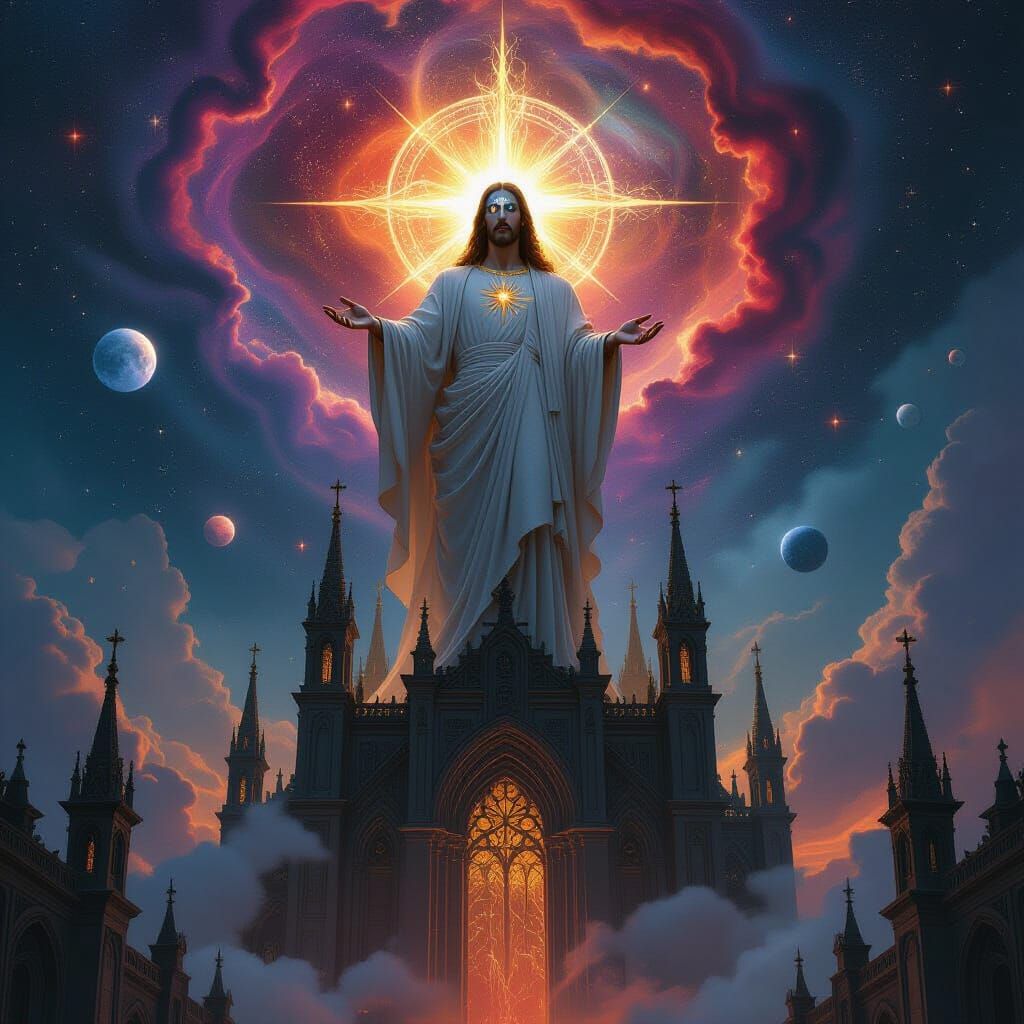 Celestial Jesus Christ Above Gothic Cathedral in Cosmic Art ...