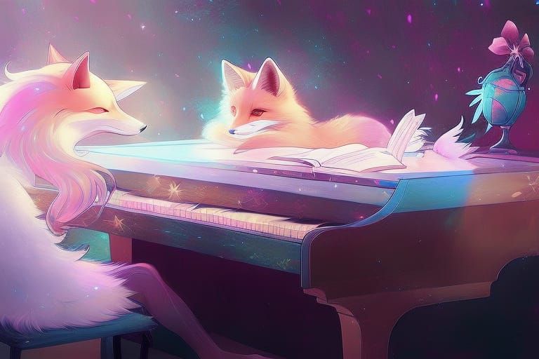 Fox Plays Piano Under Moonlit Starscape