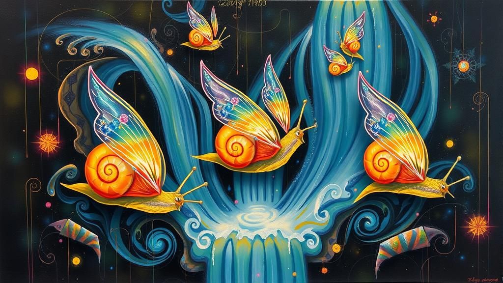 Iridescent Fairy Snails by a Surreal Waterfall