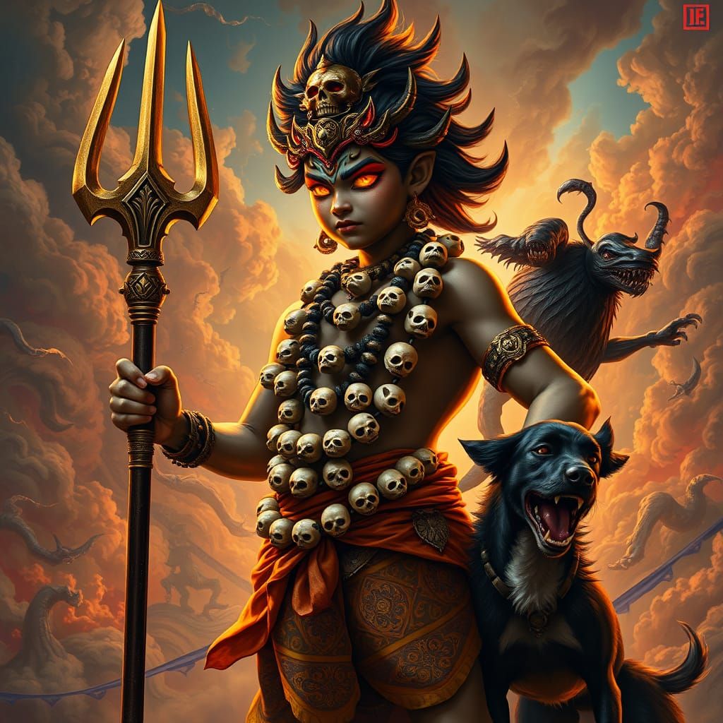 Young Bhairava Defies Demons with Trident, Golden Dhoti, and...