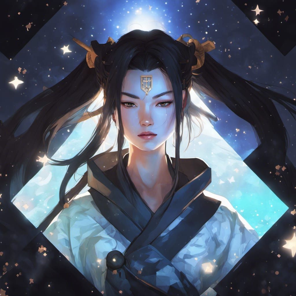 Anime Cyborg Samurai in Starry Lunar Scene