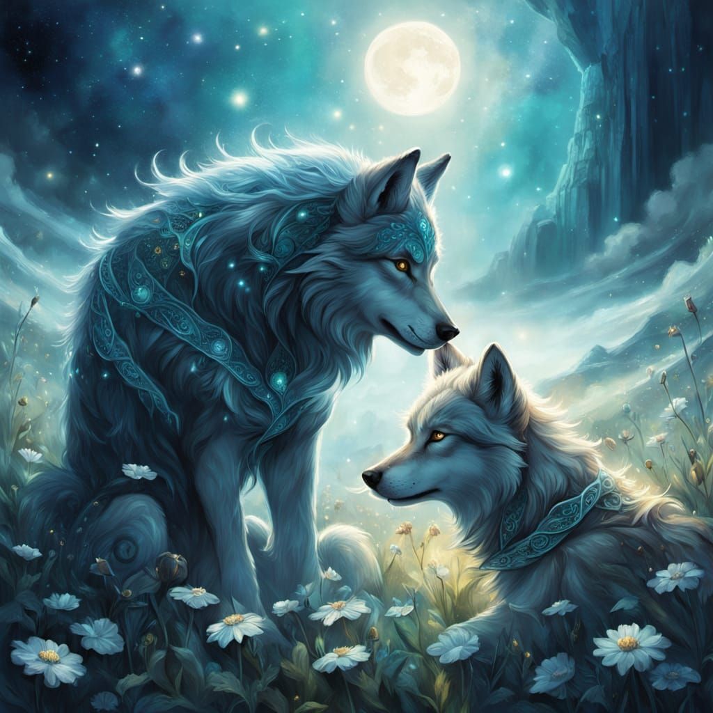 Celtic Child and Wolf Pup Howling at Moon
