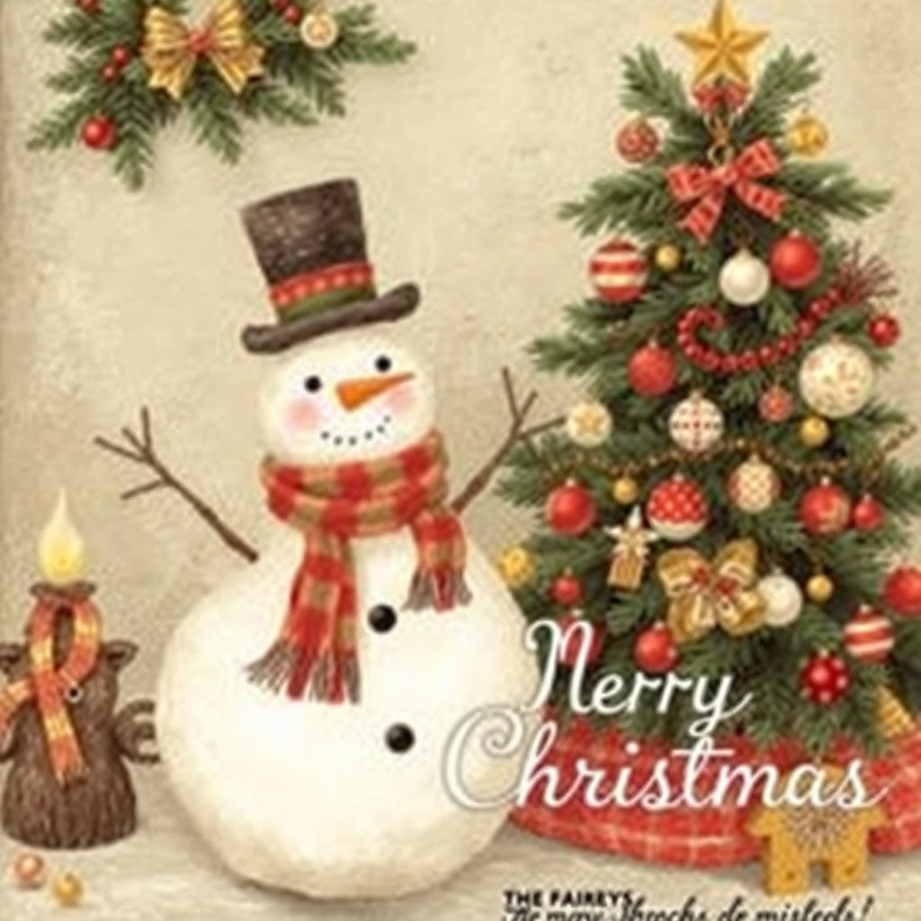 Vintage Christmas Snowman Folk Art Illustration