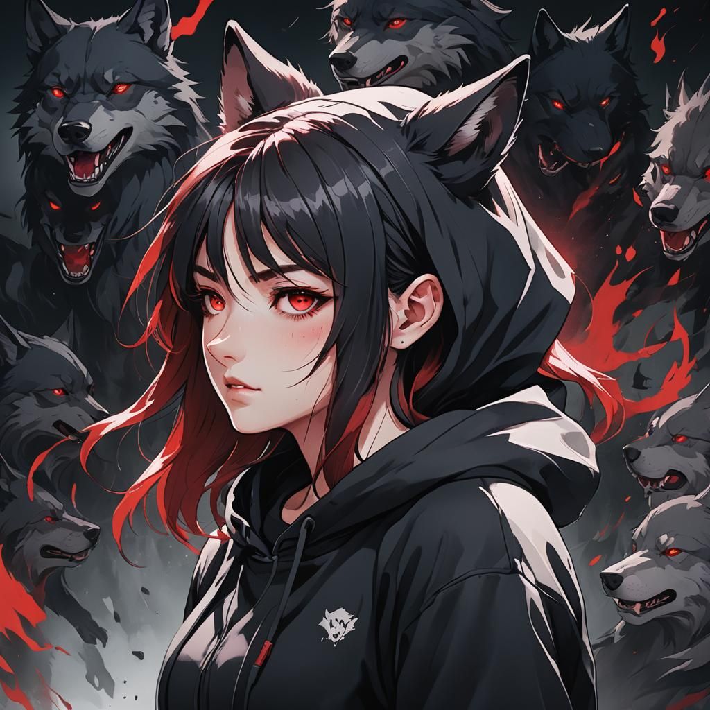 Wolf Girl with Dark Aura in Anime Style