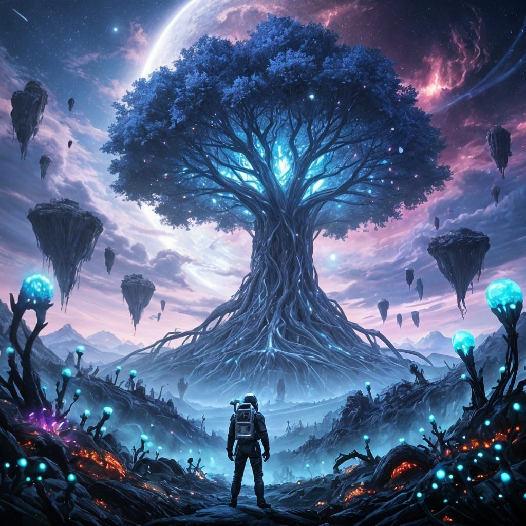 Astronaut and Cosmic Tree on Alien Planet