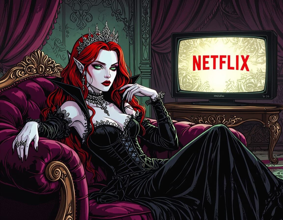 Gothic Vampire Queen Enjoys Netflix Reality Show