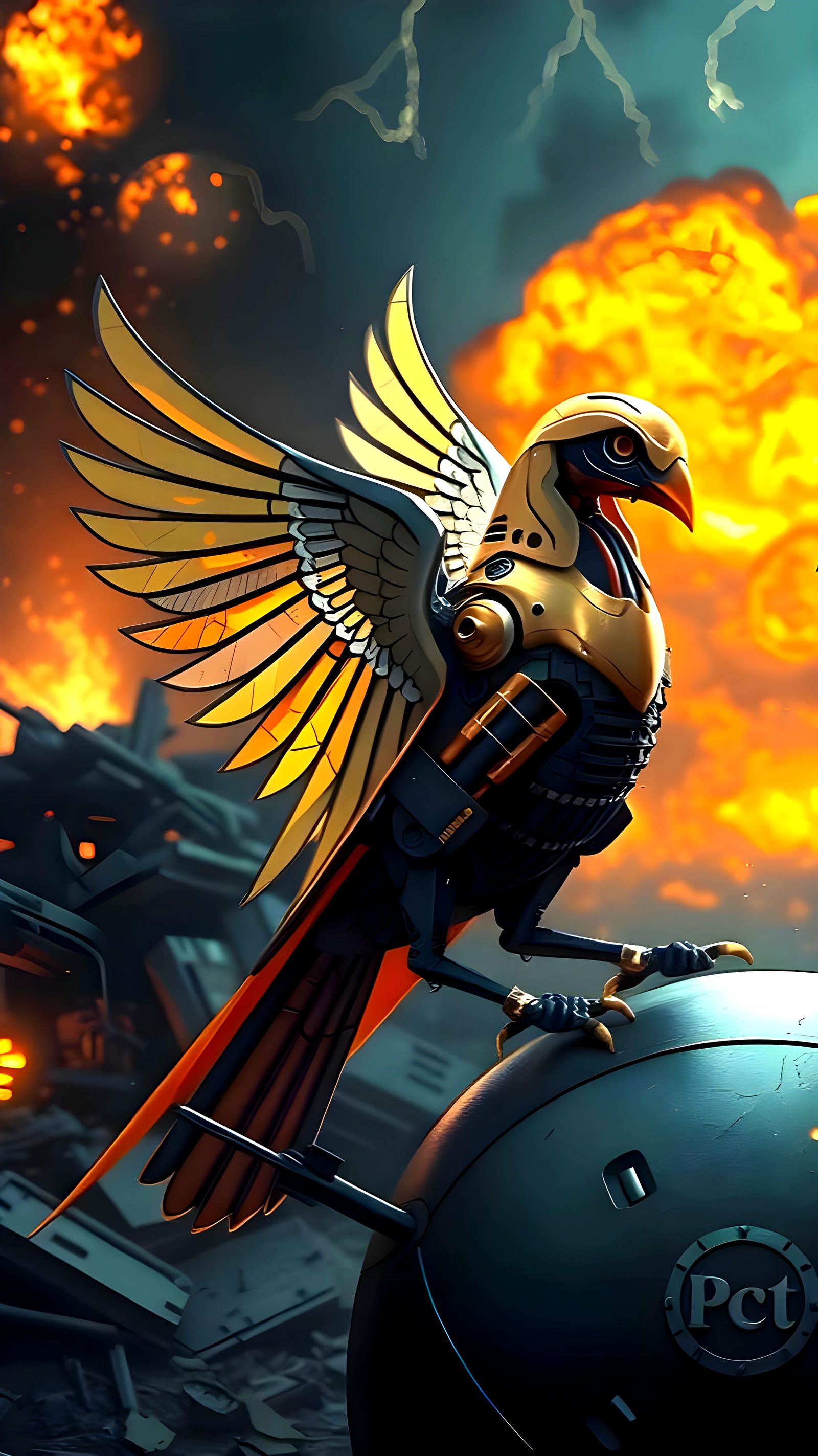 Futuristic Dove Mech Ignites Amidst Ruins