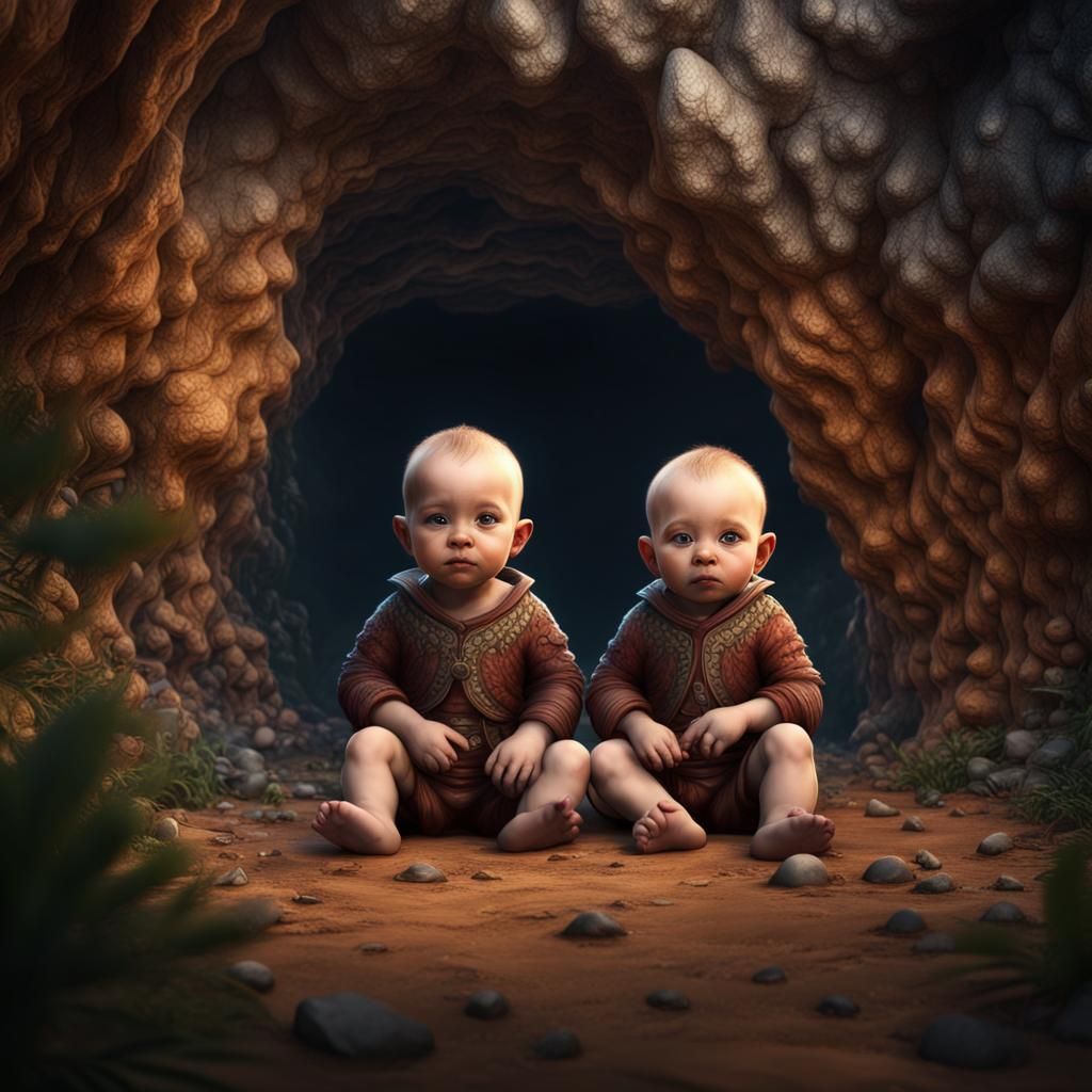 Twin Babies at Cave Entrance: Fantasy Concept Art