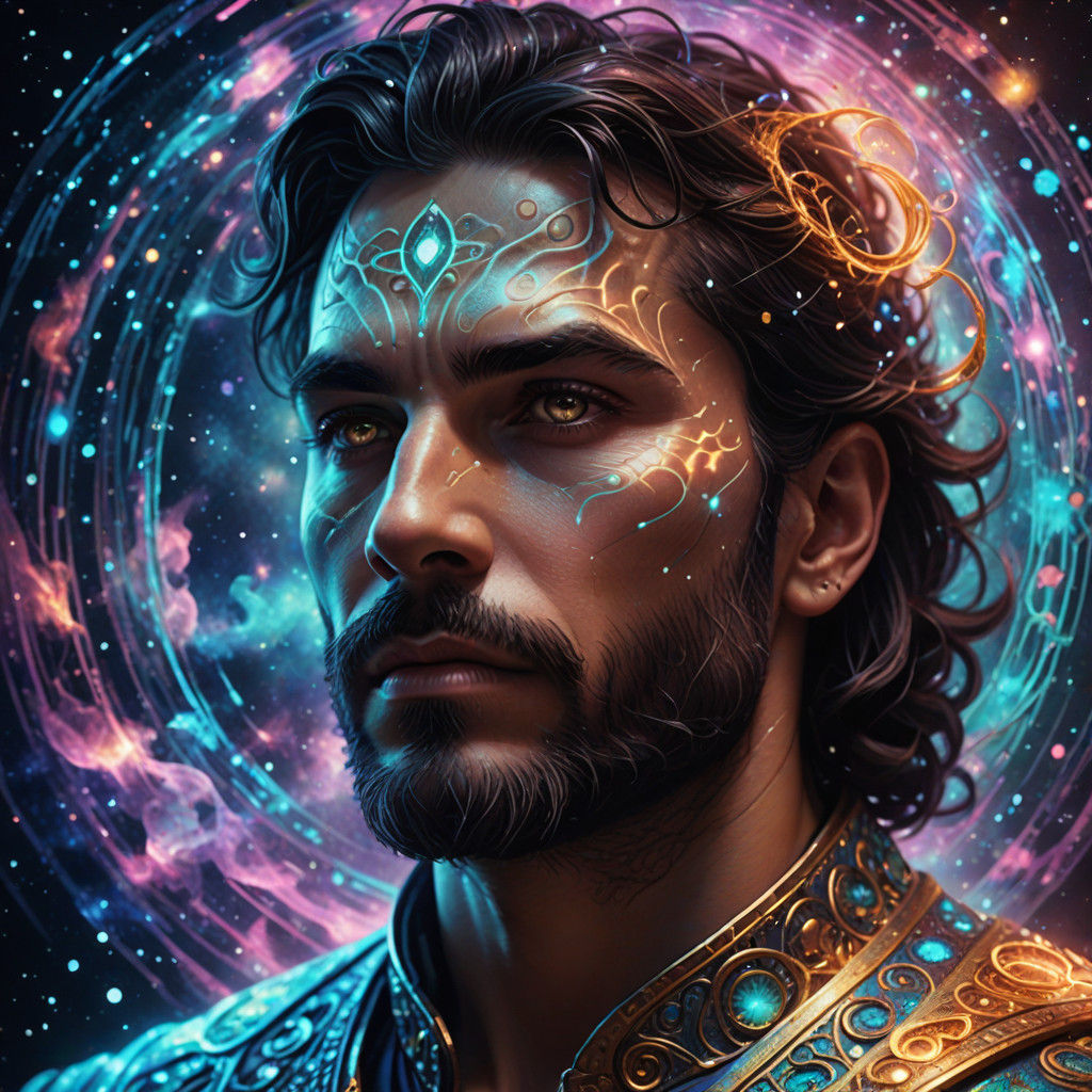 Surreal Cosmic Portrait with Swirling Ethereal Mist and Star...