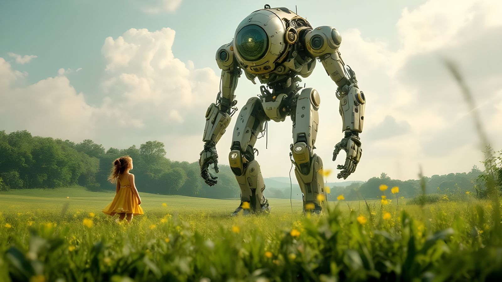 Giant Steampunk Robot in Field, Photorealistic Style