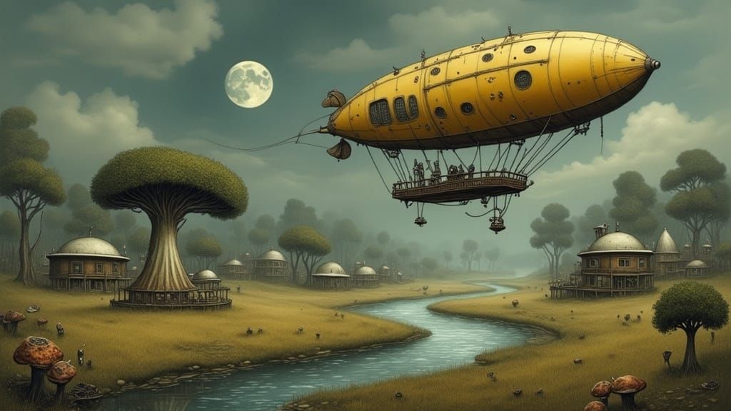 Steampunk World with Dirigibles Over Rural Town