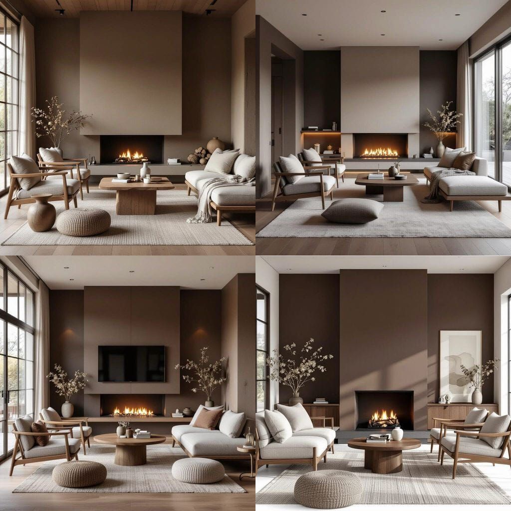 Japandi Living Room with Dark Brown Palette & Natural Light