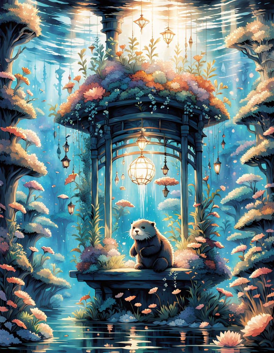 Anime Sea Otter in Bioluminescent Kelp Forest