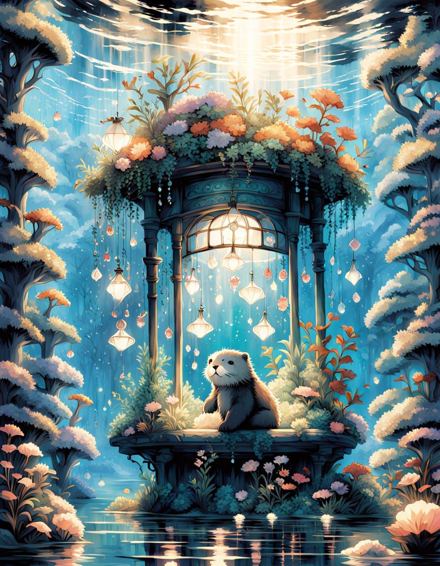 Crystal Otter in Bioluminescent Kelp Forest: Anime Style