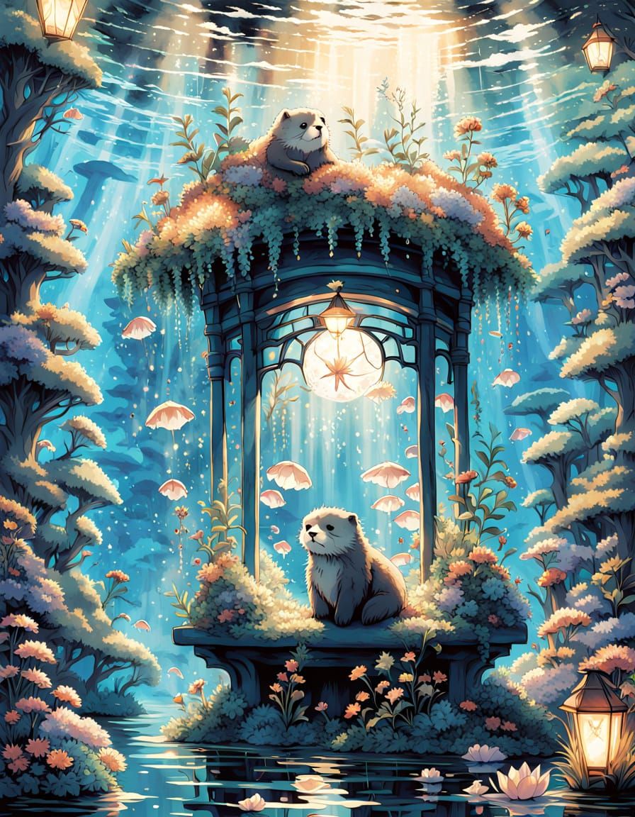 Crystal Sea Otter in Bioluminescent Kelp Forest