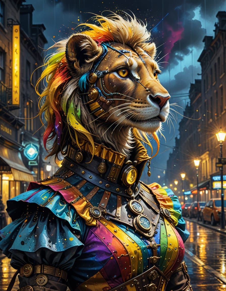 Steampunk CowLion in Rainbow Dress, Oil on Canvas