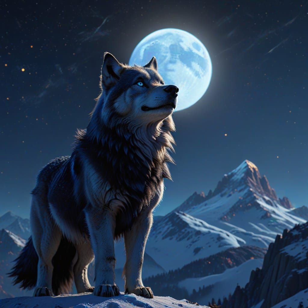 Majestic Direwolf on Snowy Peak in Pixar Style