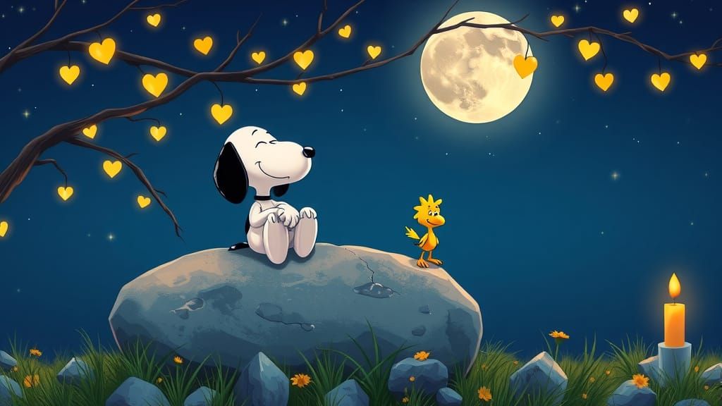 Snoopy and Woodstock Share a Serene Moonlit Night
