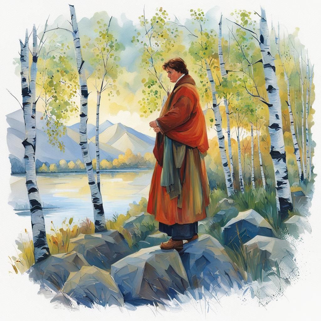 Pastoral River Scene with Birches and Haystacks