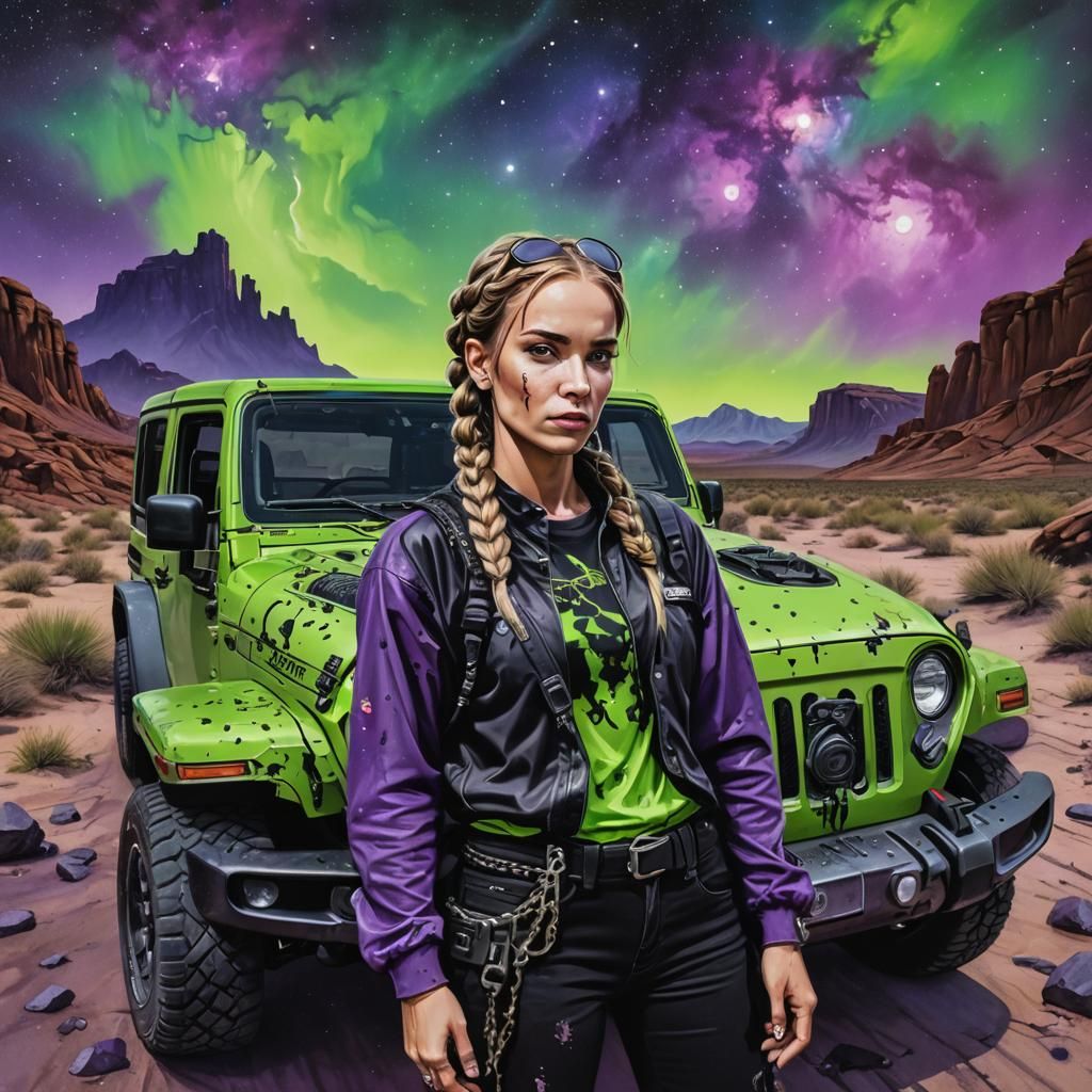 Gothic Desert Scene with Woman and Jeep