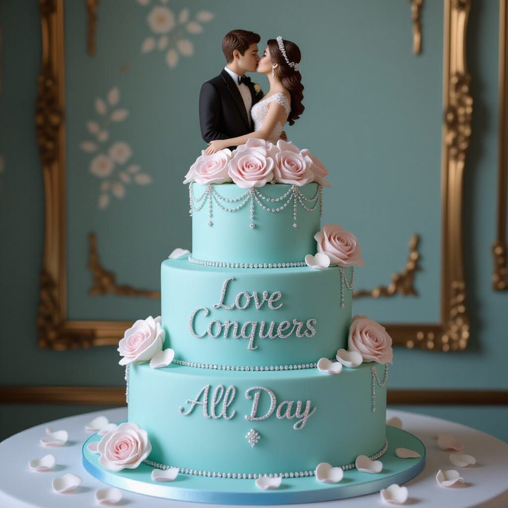 Elegant Couple Kissing on Aqua Cake with Roses & Glitter