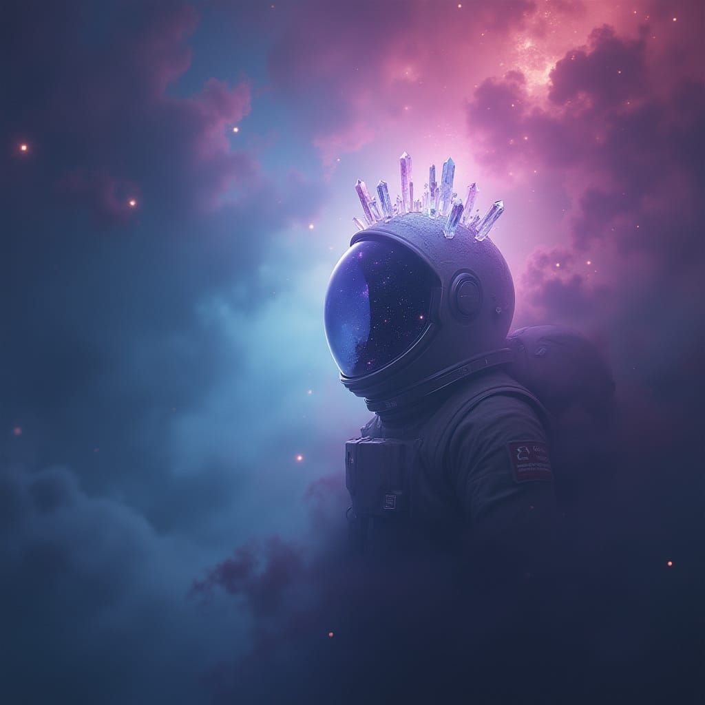 Astronaut with Crystal Crown in Cosmic Nebula