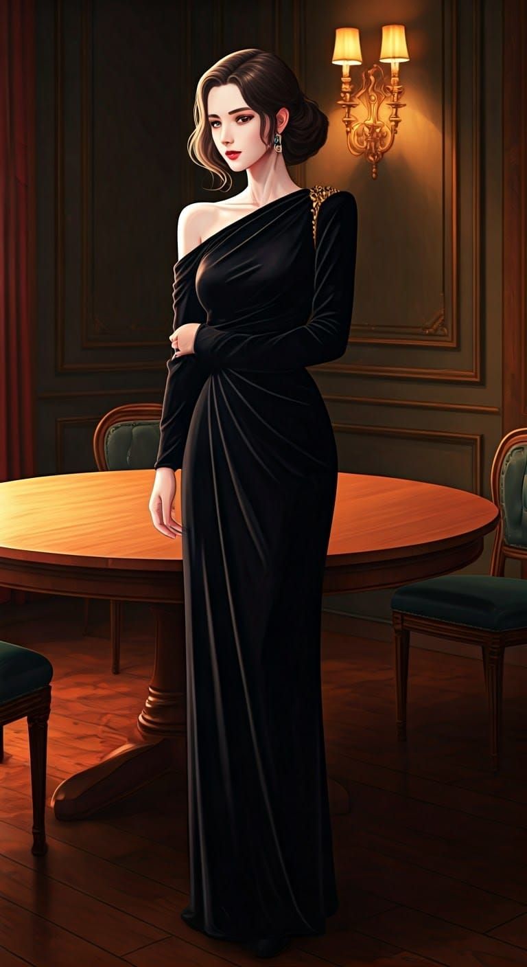 Elegant Lady in Black Velvet Anime Style