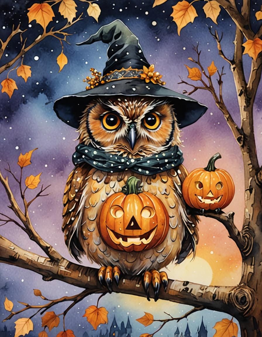 Whimsical Owl in Witch Hat, Disney-Style Illustration