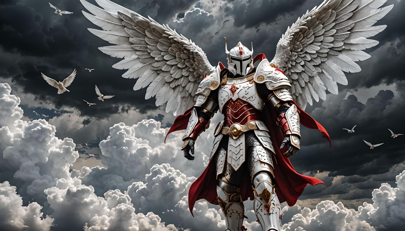 Celestial Being in Red Armor Over Clouds