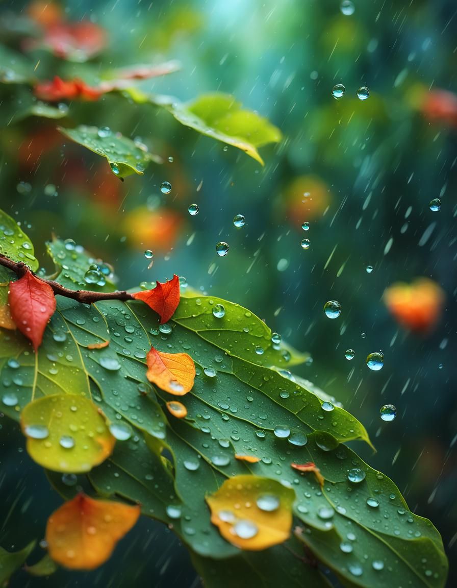 Tranquil Rain: Water Drops on Leaves