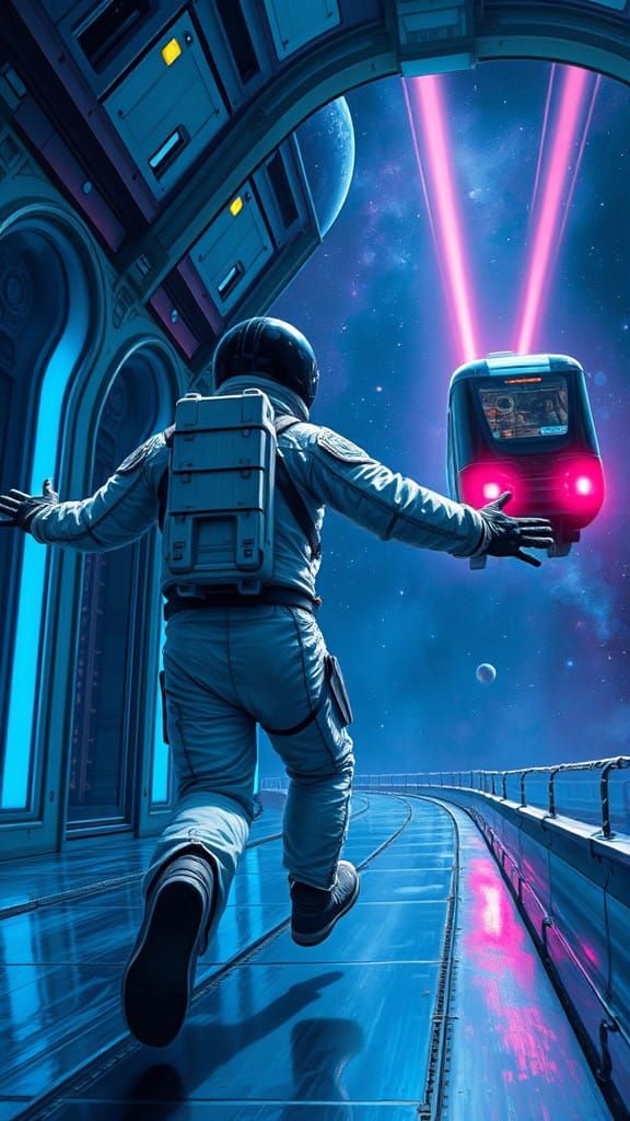 Astronaut Chases Space Train in Futuristic Space Station