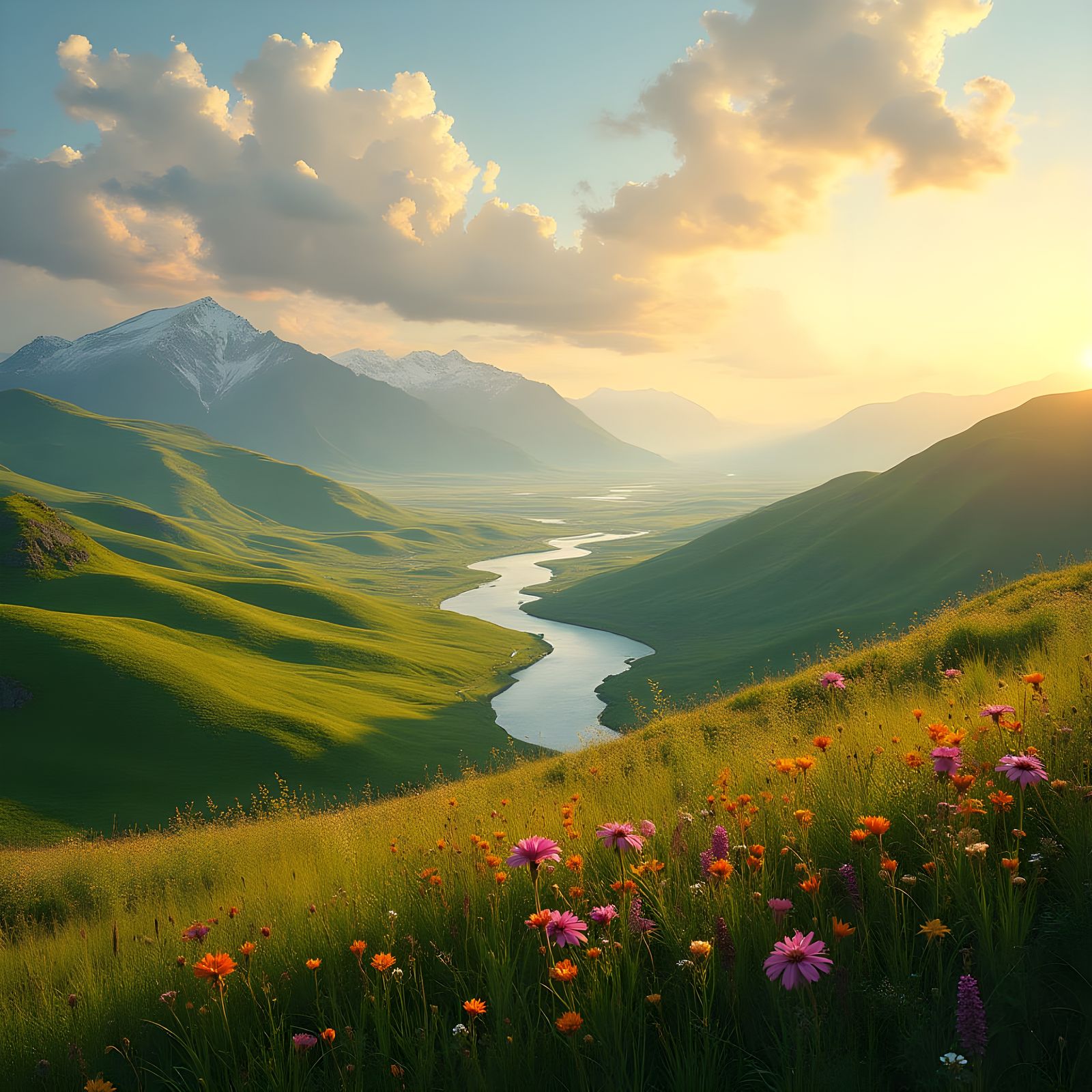 Ethereal Golden Hour Panorama with Rolling Hills and Majesti...