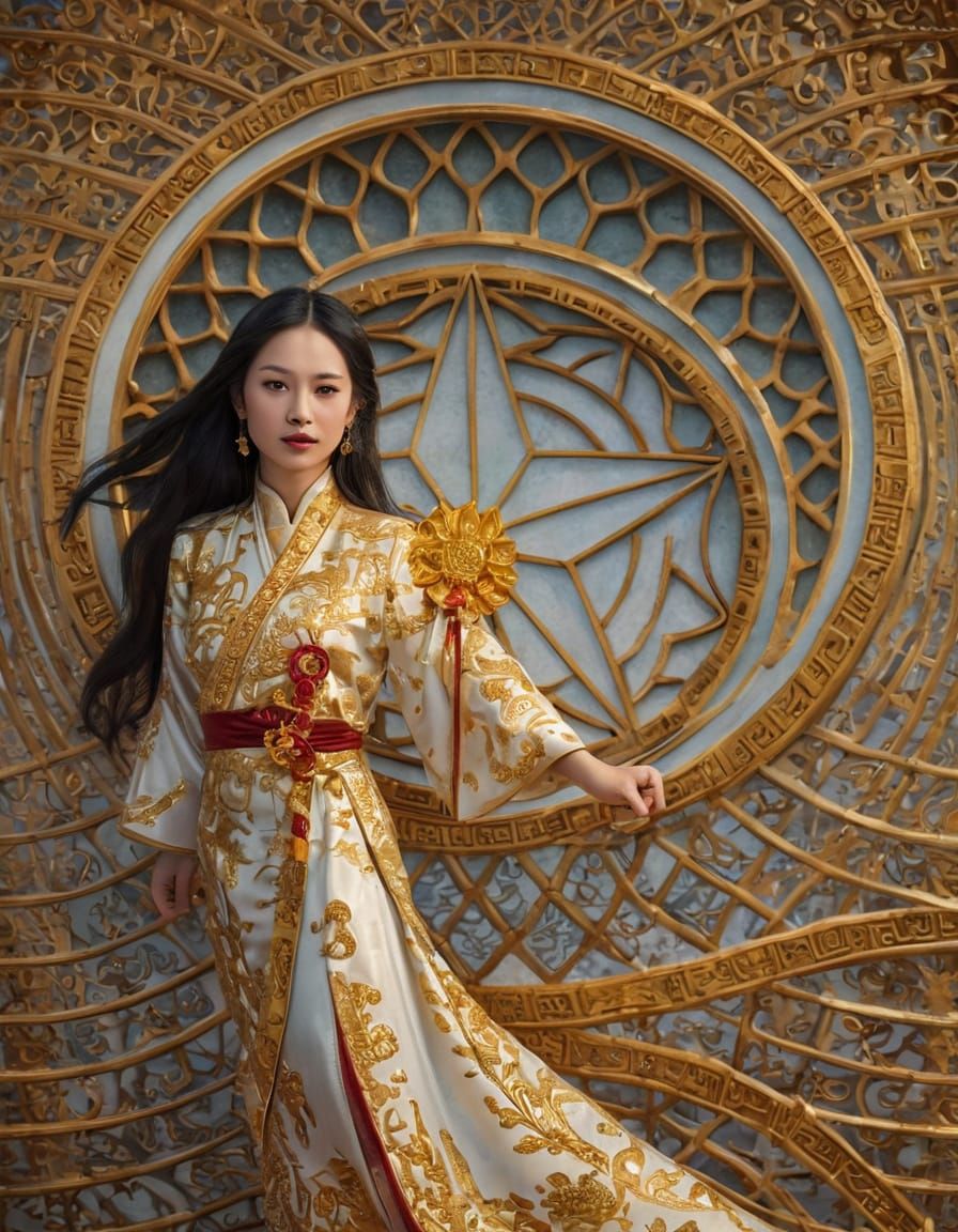 Majestic Asian Goddess with Golden Accents and Traditional C...