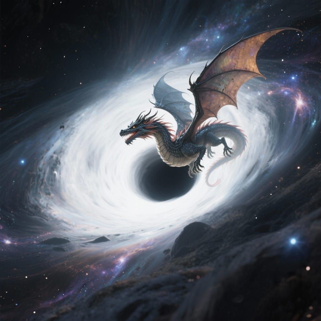 Cosmic Dragon Soaring Around a White Hole