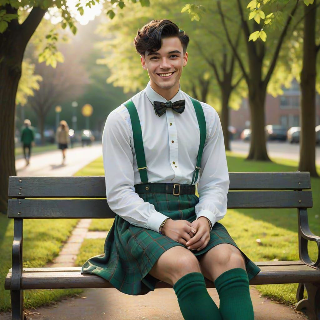 Elegant Young Man in Whimsical Schoolyard Scene