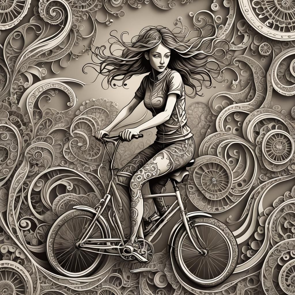 Young Girl Cycling with Abstract Fractal Design