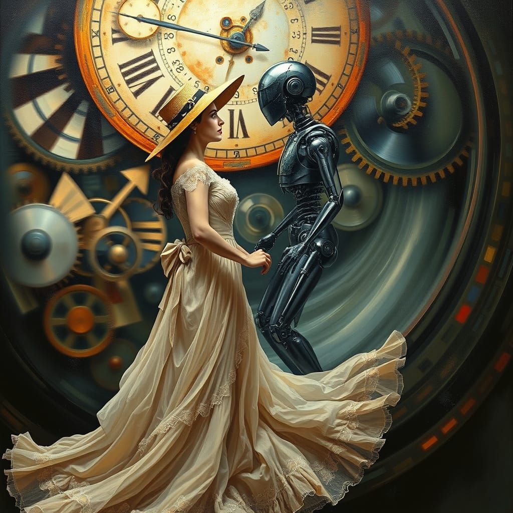 Vintage Woman and Cyborg in Surreal Time Portal